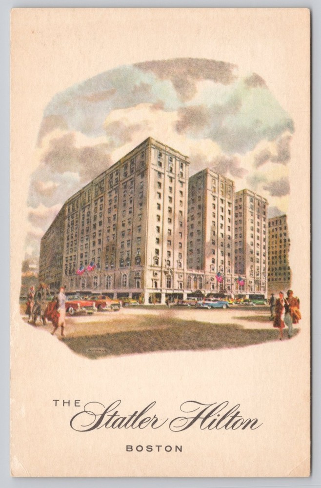 Vintage Statler Hilton Boston Hotel Postcard MA Illustration 1950s