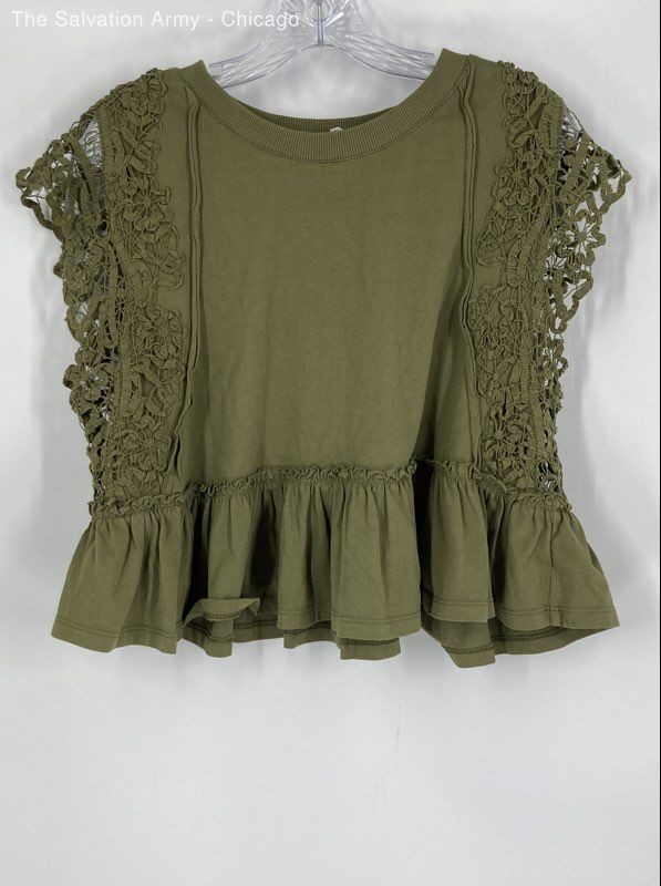 Anthropologie Womens Green Cotton Lace Short Sleeve Cropped Blouse Top Size S