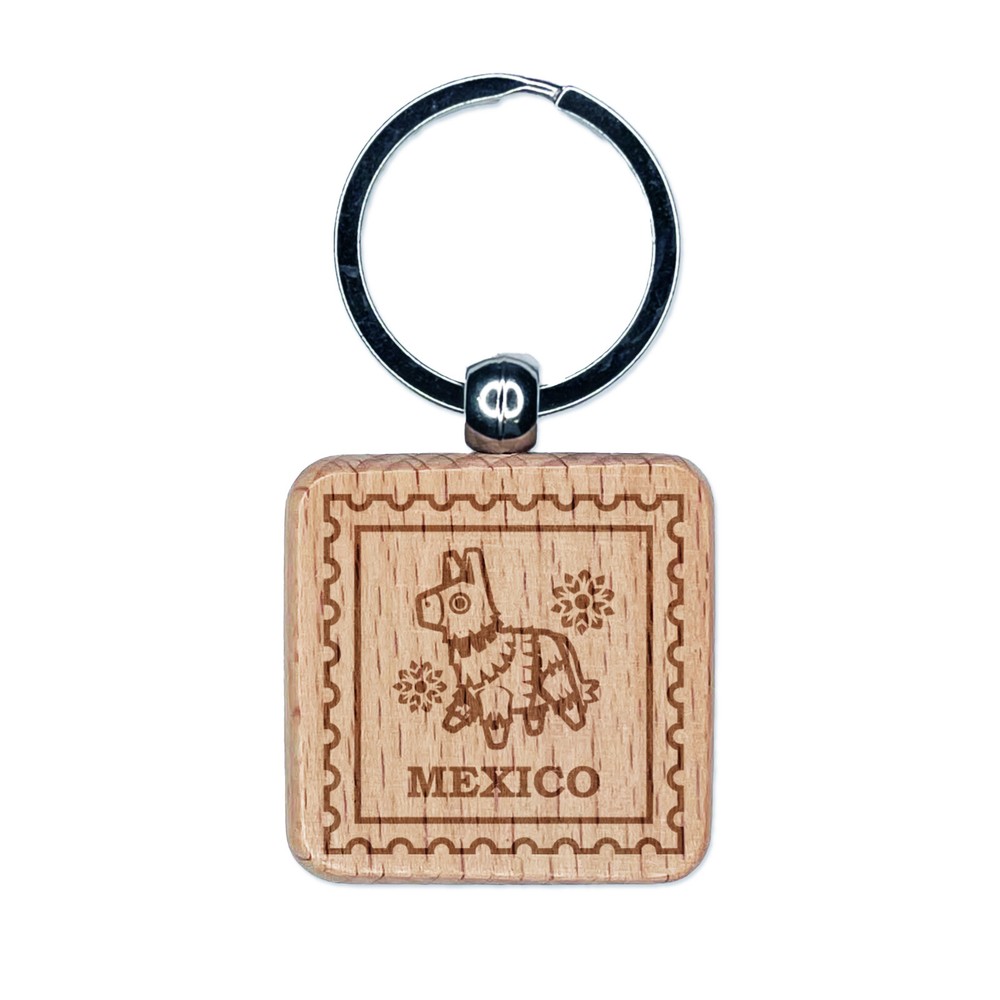 Mexico Travel Donkey Pinata Engraved Wood Square Keychain Tag Charm