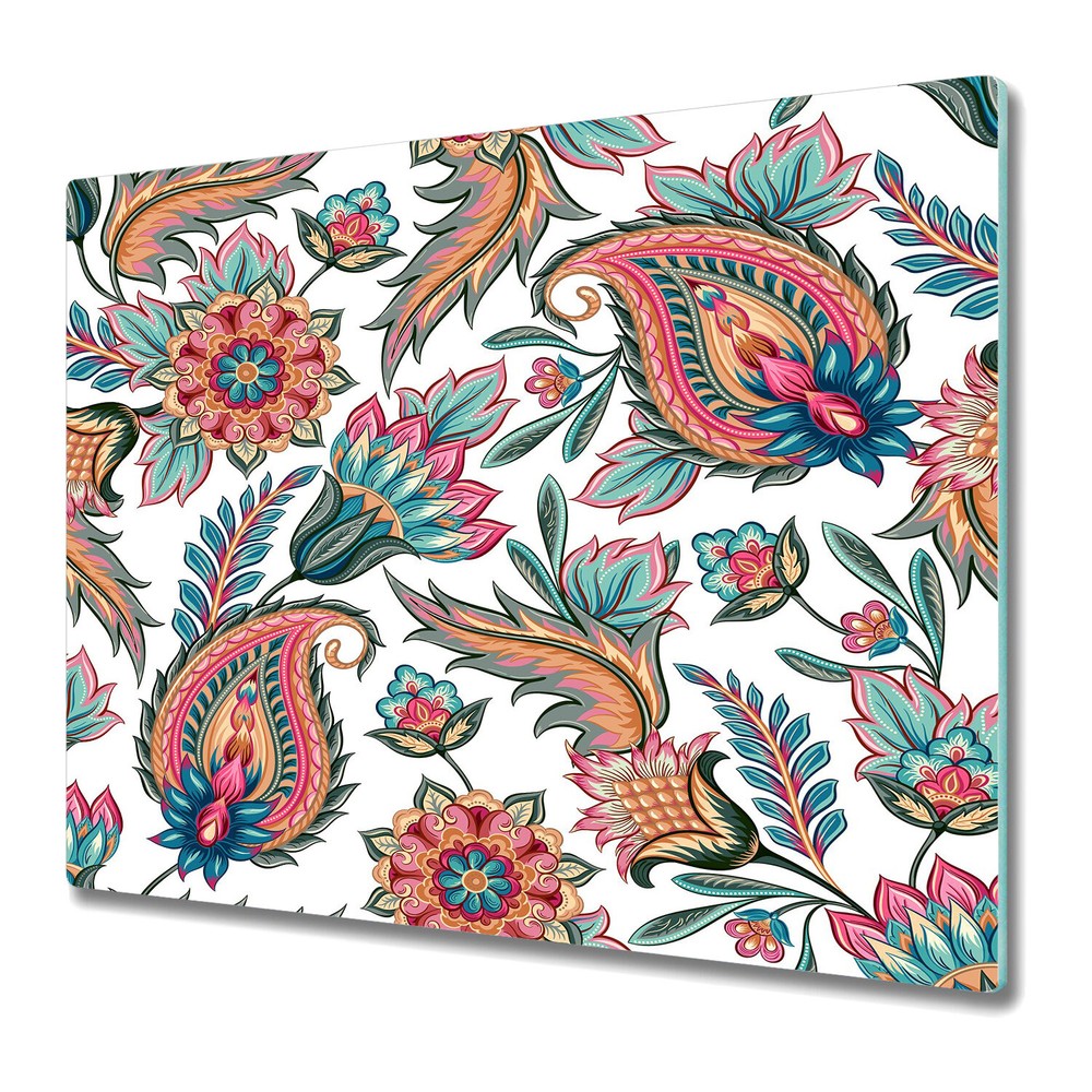 Glass Chopping Board Worktop Saver Paisley Colourful blue and orange art 60x52