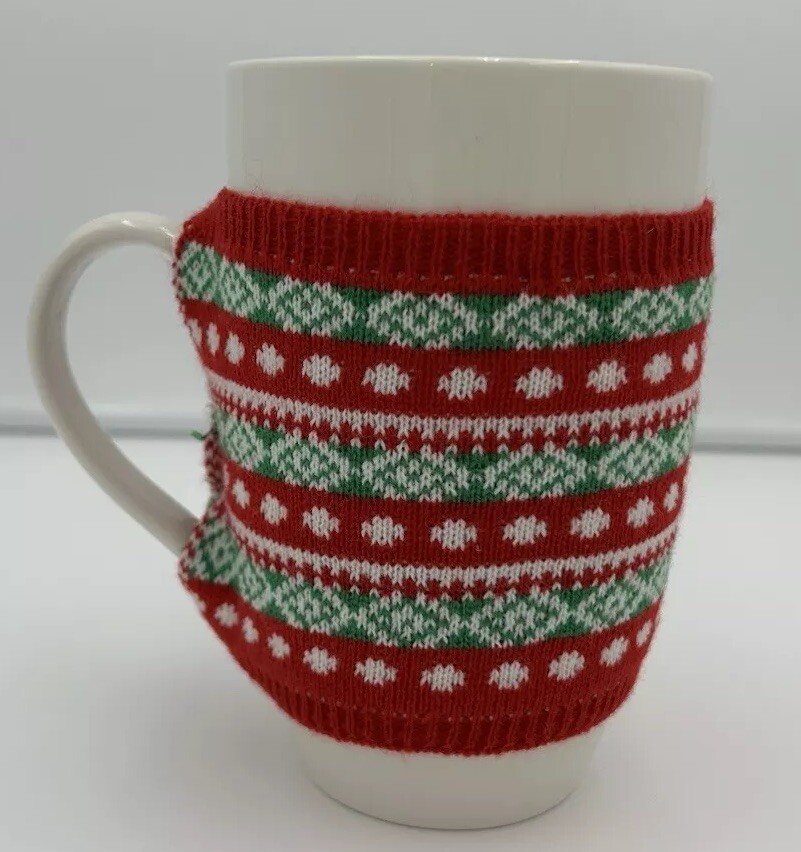 Mug with Red and Green Christmas Sweater Cozy Insulator TAG Brand Large White 6”