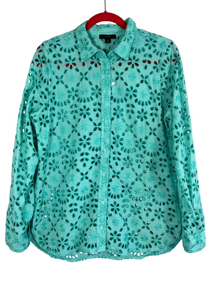 J Crew Floral Embroidery Eyelet Shirt Green 12 Resort Preppy Colorful Chic Artsy