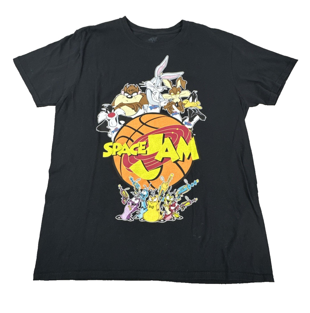 Vintage Space Jam Men's Large Black T Shirt Looney Tunes 90s Cartoon Graphic
