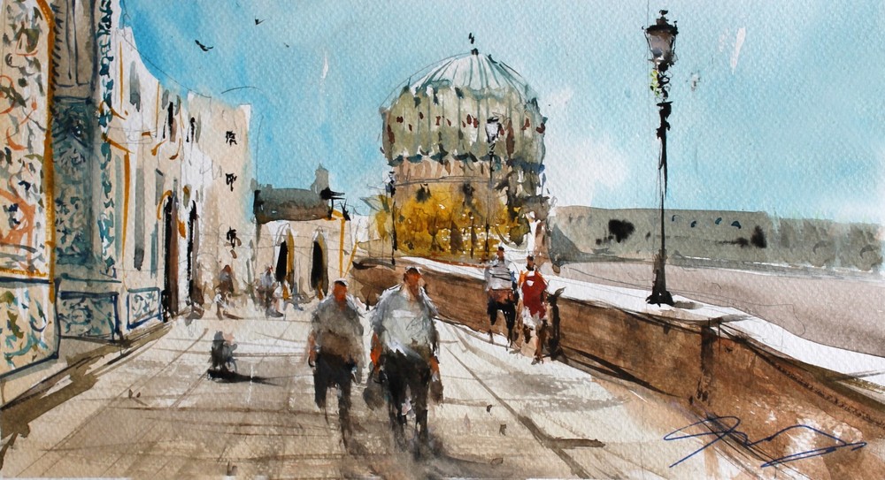 ORIGINAL PAINTING WATERCOLOR LANDSCAPE BAGHDAD DESERT SCENE CITYSCAPE 14x 8 inch