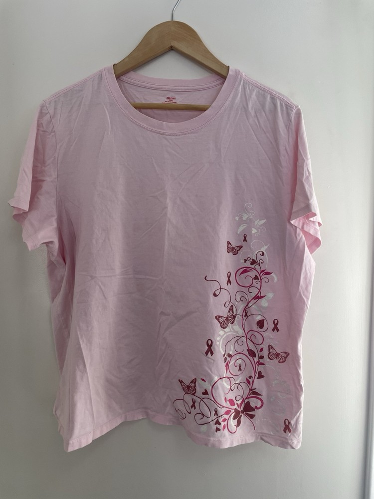 Women's Glitter Floral Butterfly Pink Ribbon 100% Cotton Short Sleeve Shirt XXL
