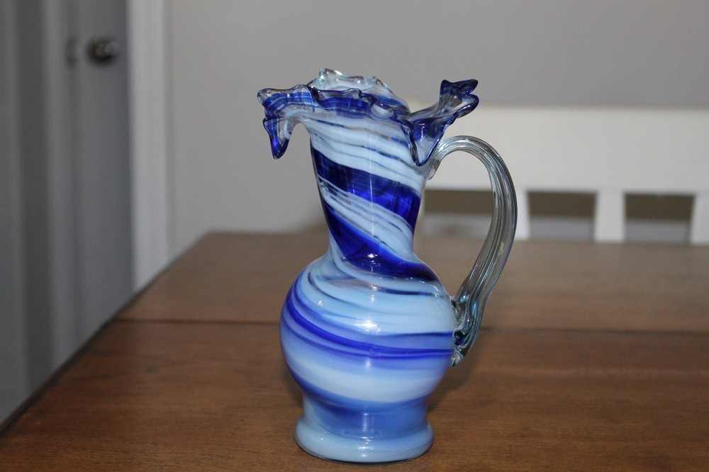 VINTAGE Smith’s Old Timer Hand Blown Art Glass Cobalt Blue Swirl Ruffled Pitcher