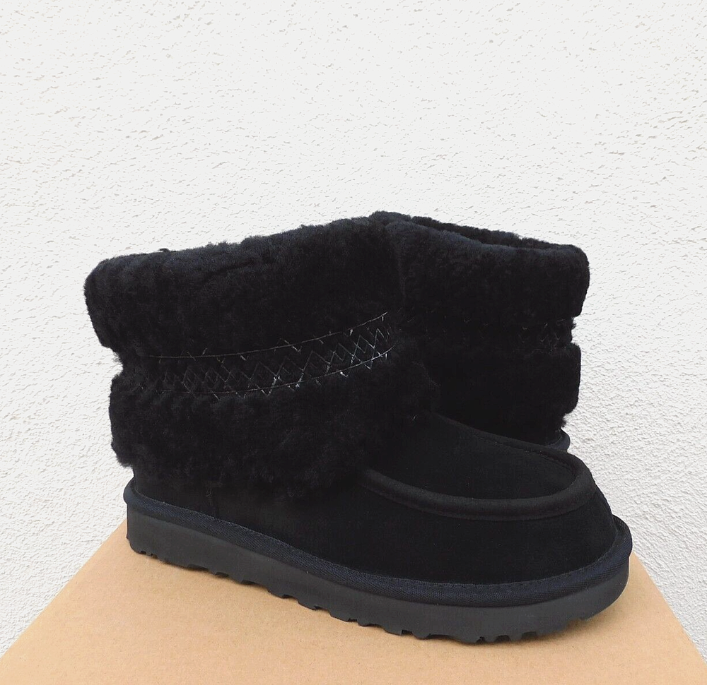 UGG BLACK MINI UGG BRAID SUEDE/ SHEEPSKIN BOOTS, WOMEN US 6/ EUR 37 ~NIB