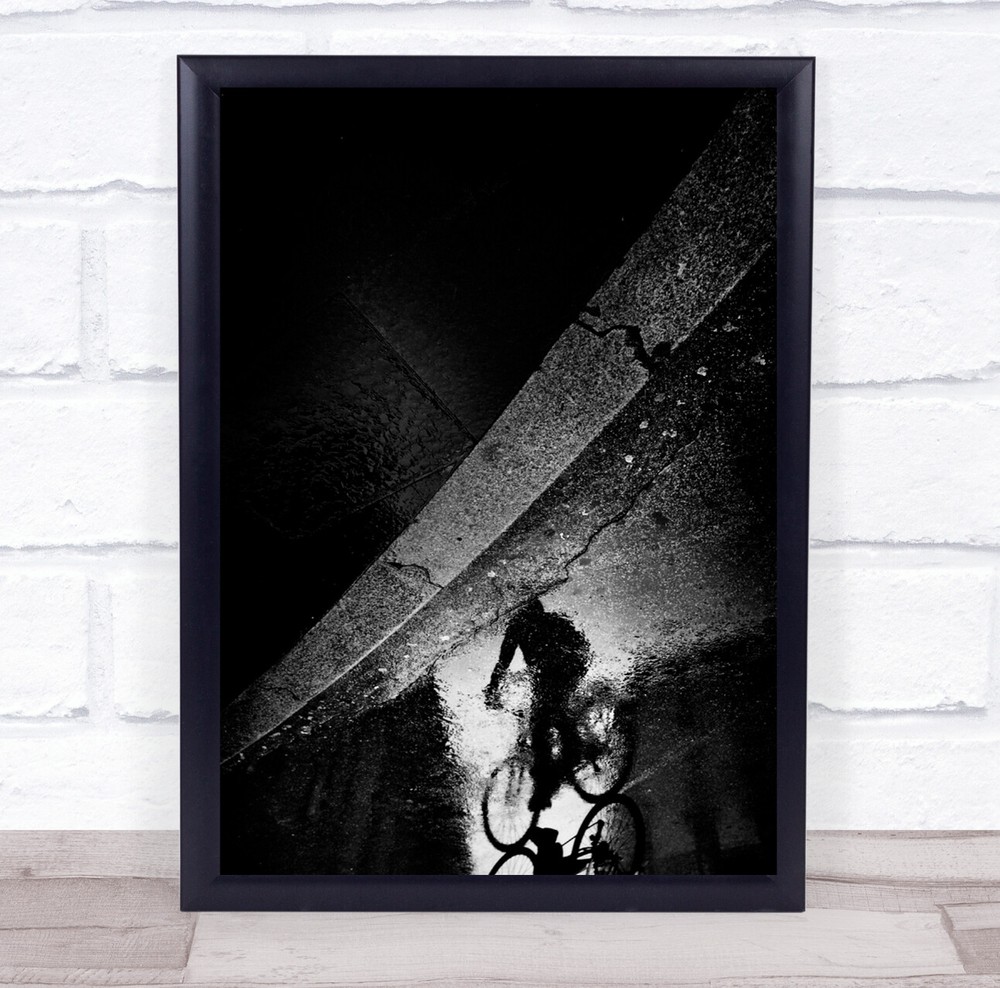 Street Puddle Wet Reflection Person Black & White Bike Bicycle Curb Print