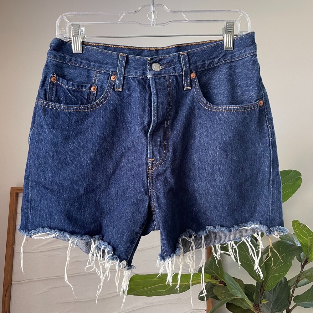 Women's LEVI'S 501 Jean Shorts Size 30 Cut-Off Fray Blue Denim Dark Button Fly