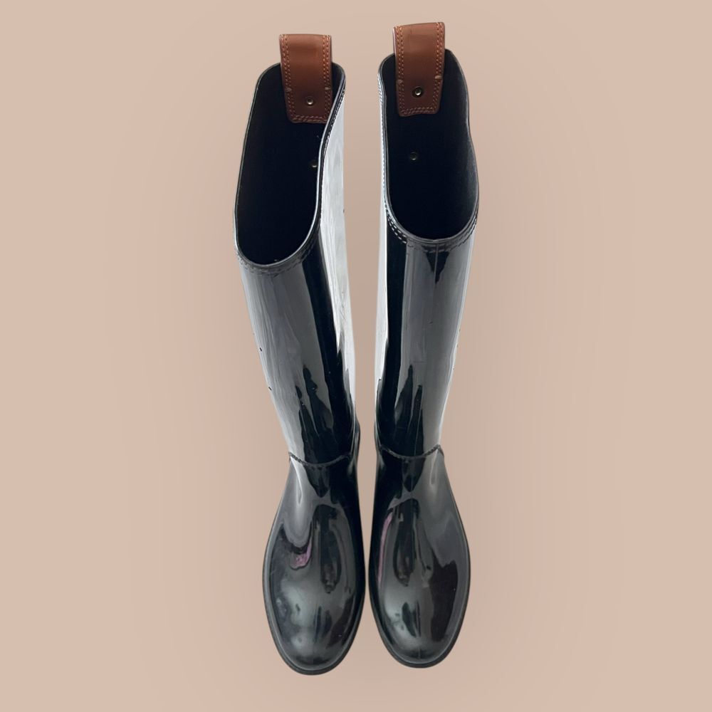 Coach Black Patent Leather Rain Boots Tall Riding Style Brown Leather Tab
