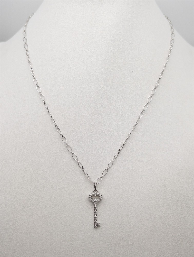 $3150 Tiffany & Co Platinum Diamond KEY Pendant & 18k White Gold Necklace & BOX