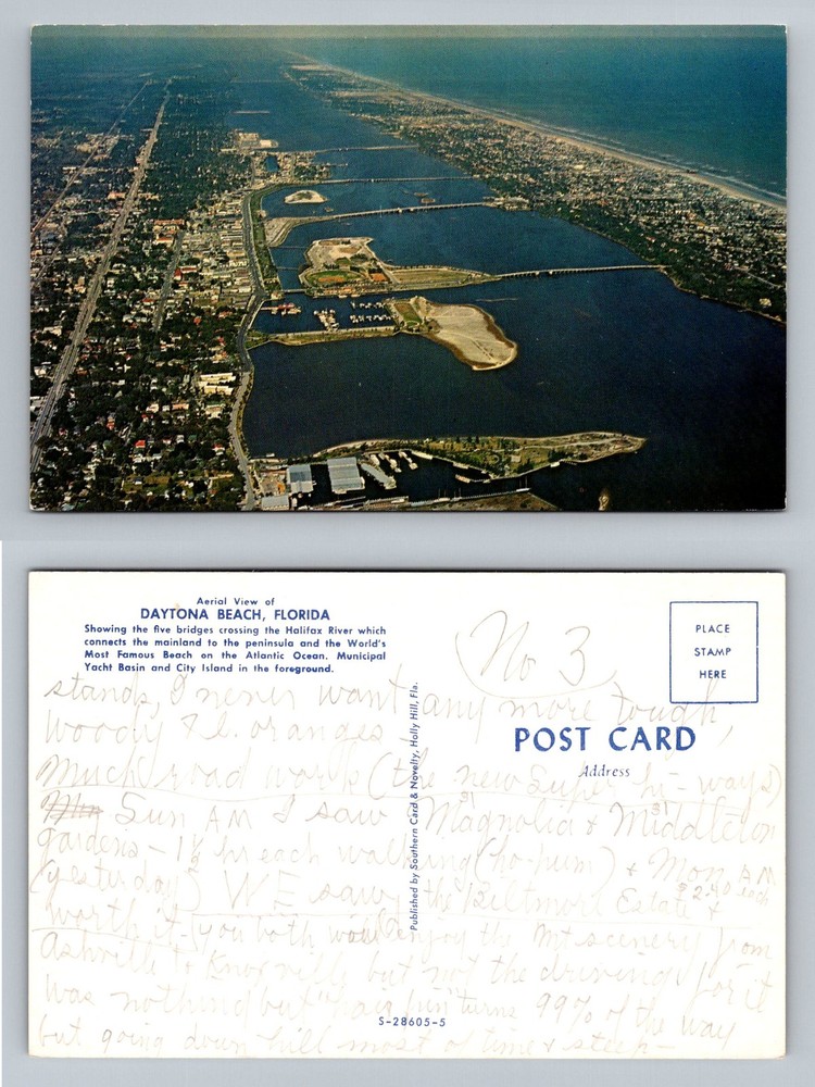 Daytona Beach, FL-Florida, Aerial Halifax River Bridges & Coast Vintage Postcard