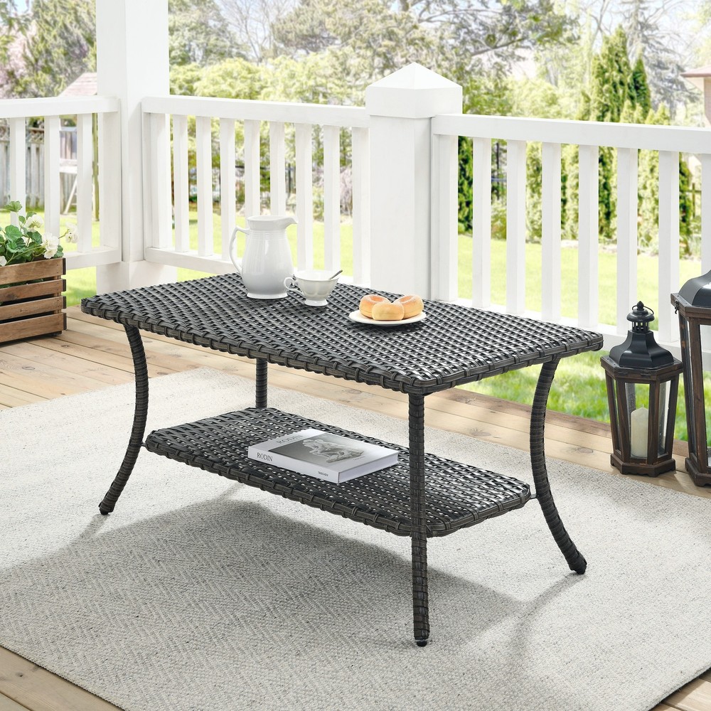 Pocassy Outdoor Wicker Coffee Table with 2-Tier Storage
