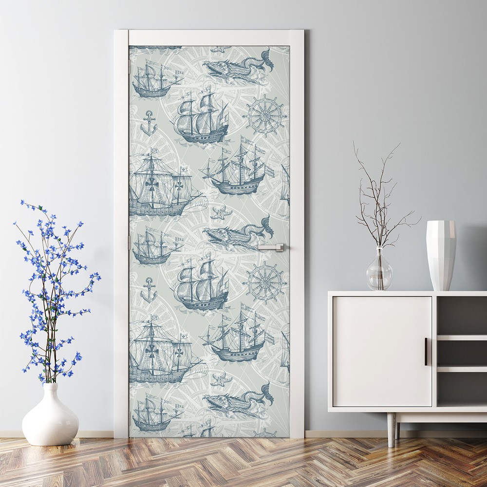 Vintage Nautical Bubble-Free Door Sticker Pastel Blue Home Decor Self-Adhesive
