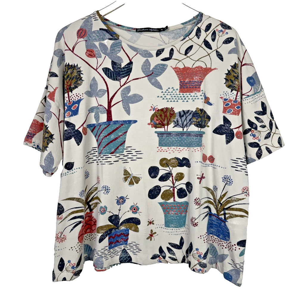 Gudrun Sjödén T-Shirt Womens XL Potted Plant Floral Organic Boho Lagenlook Boxy