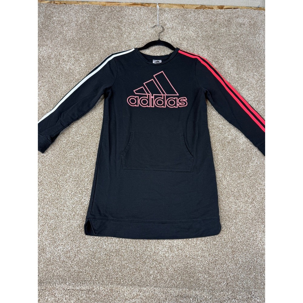 Adidas Girls Black Pink Mismatched Stripe Sweatshirt Dress M 10 12 Athleisure