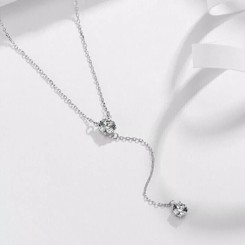 14K White Gold Plated 2Ct Natural Moissanite Women Y lariat Necklace Pendant 18