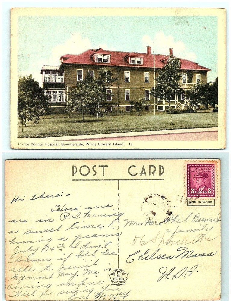 S02-3677, Prince County Hospital, P.e. Island, C1940S Canada To Usa. Postcard