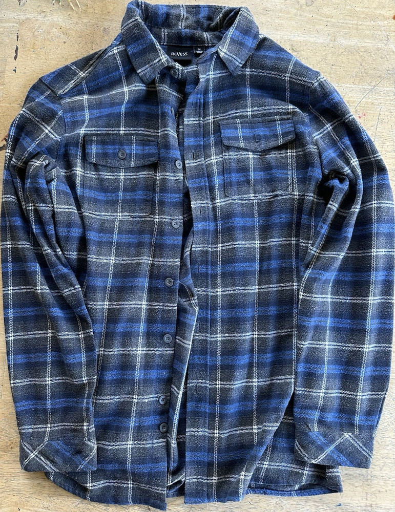REVESS Men's M Blue/Gray Plaid Flannel Long Sleeve Point Collar Button-Up