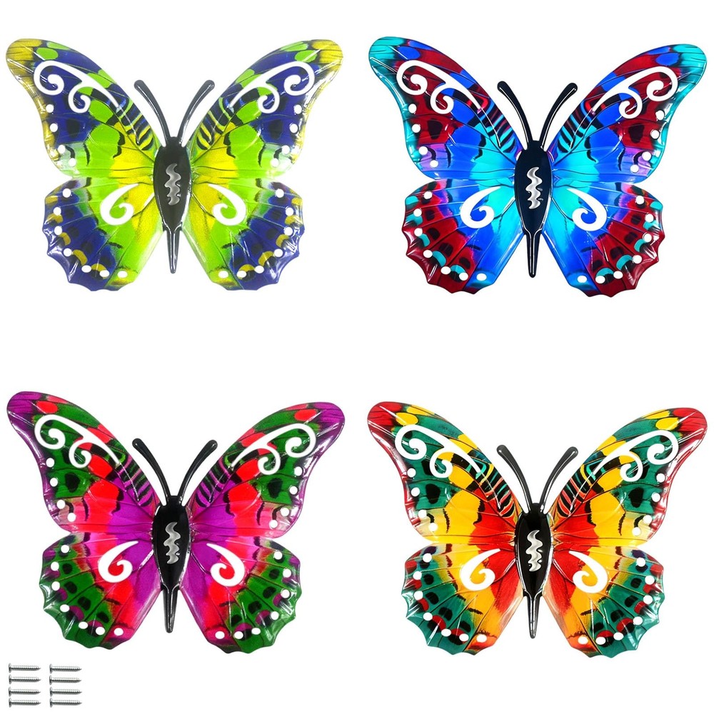 Small 4 Hanging Colorful Metal Butterflies Wall Art Outdoor Decor For Home Porch