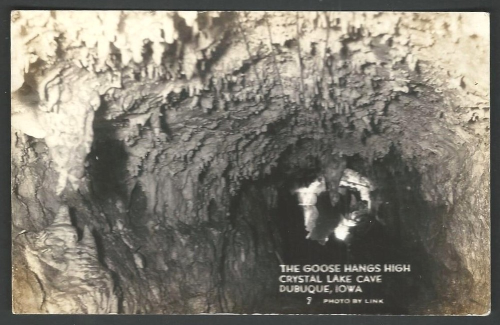 DUBUQUE IOWA Crystal Lake Cave Goose Hangs 1938 RPPC DOPS Postcard