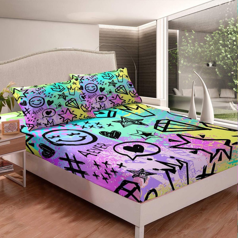 Smile Face Smile Bed Sheet Set Purple Lilac Star Crown Bedding Set Softest Mi...