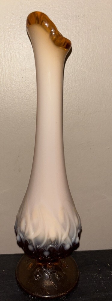 Vtg Fenton Cameo Opalescent Lily of the Valley Swung Vase Amber Brown 10”