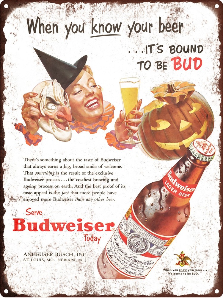 1953 Budweiser Halloween Beer Ad JOL Man Cave Metal Sign 9x12