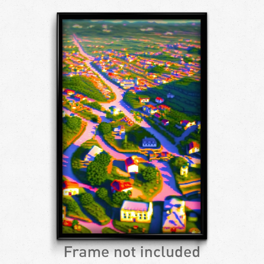 8 Bit Psychedelic Pixel Art Poster of a Trippy Uneven Small Town