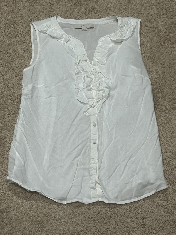 Loft Womens Shirt Size Small White Ruffle Classic Dressy Comfort
