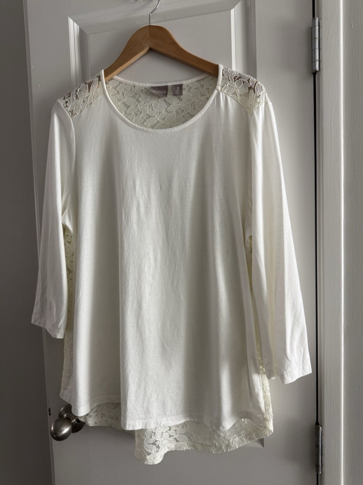 Chicos Womens Top Lace Bell Sleeve Boho Cottage Feminine Ivory Size 3