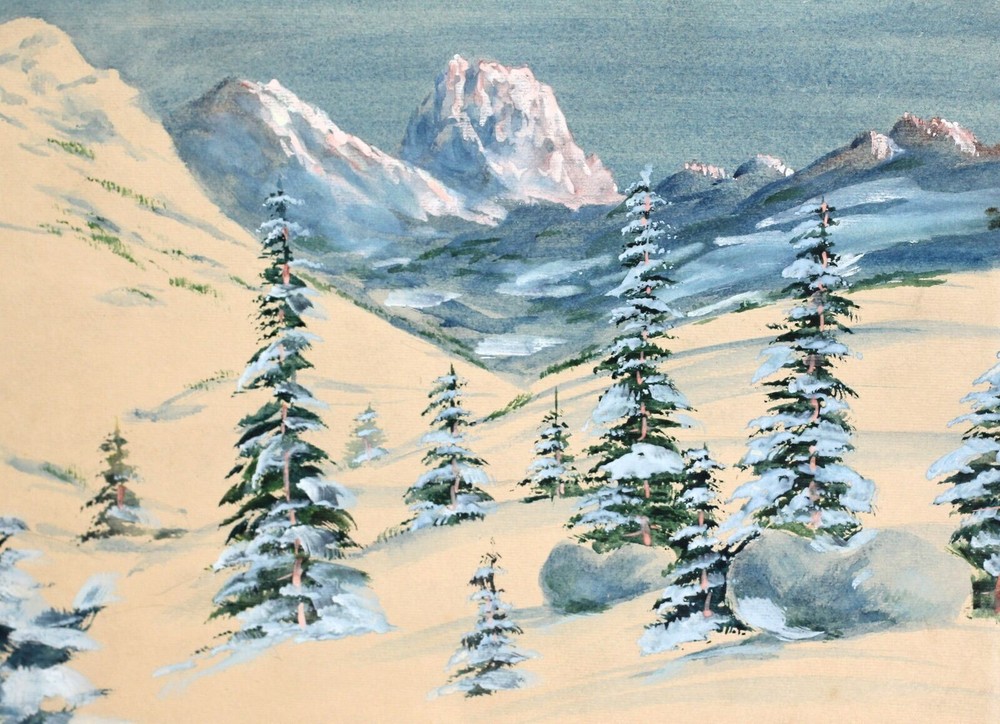 1911 realist gouache painting winter forest landscape