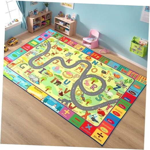 Kids Rug for Playroom & Classroom, Washable Nursery Carpet, Non-Slip Play Mat
