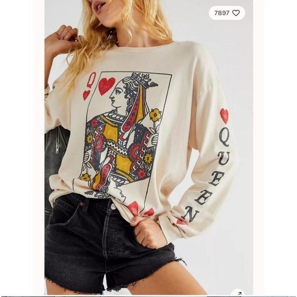 Daydreamer Queen Card Graphic Long Sleeve Tee XL Beige Made in USA Cotton