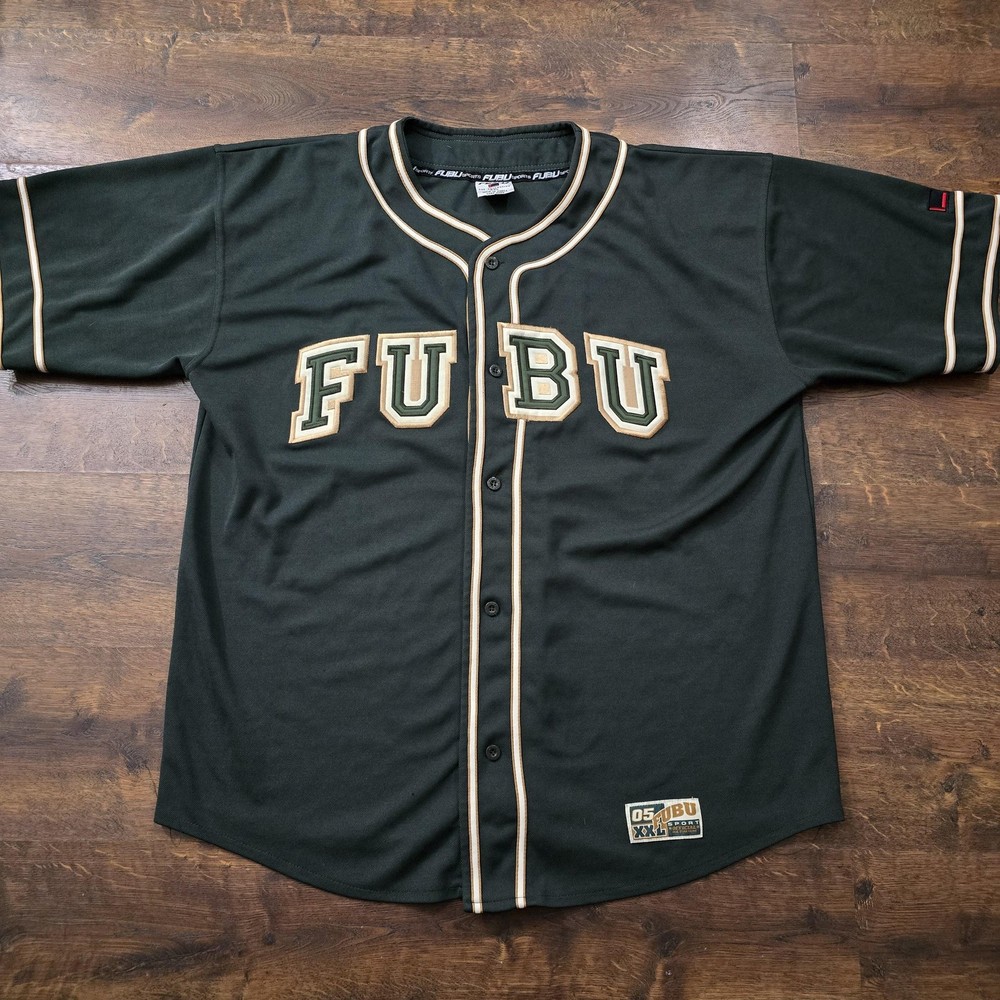 Vintage FUBU Jersey Shirt Mens 2XL Green 05 Baseball Button Up Embroidered Y2k