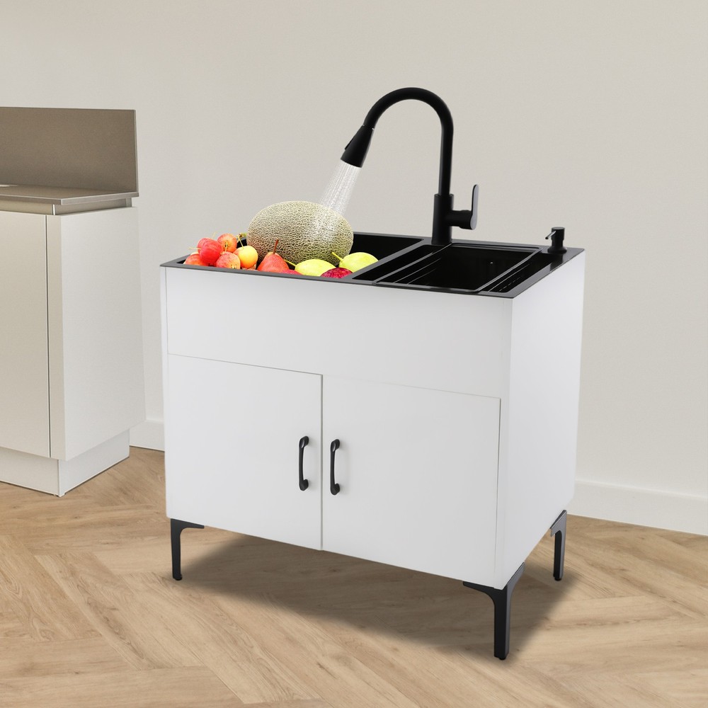 Stainless Steel Sink with Pull-Out Faucet and Cabinet Freestanding Kitchen Sink