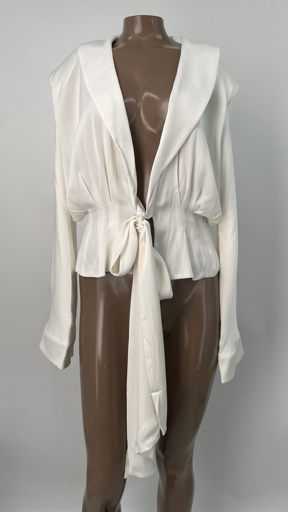 Arakii Womens Blouse Off White Size M Front Tie Silk V-Neck Pleated Long Sleeve