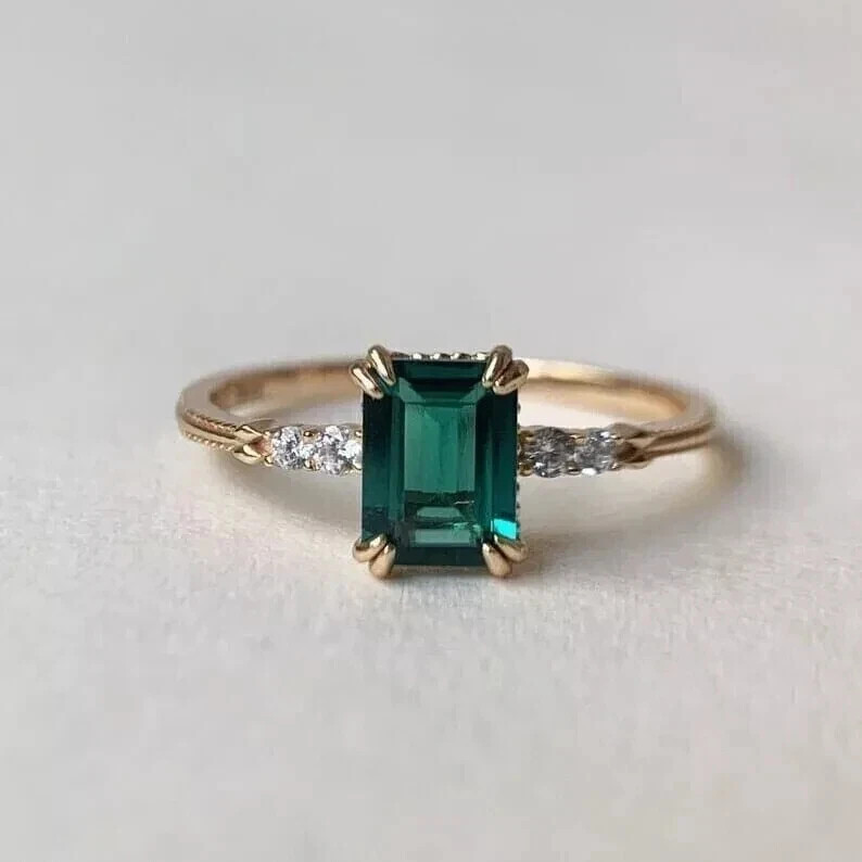 2.55 ct Emerald Cut Emerald Ring Diamond Wedding Ring 14K Solid Yellow Gold