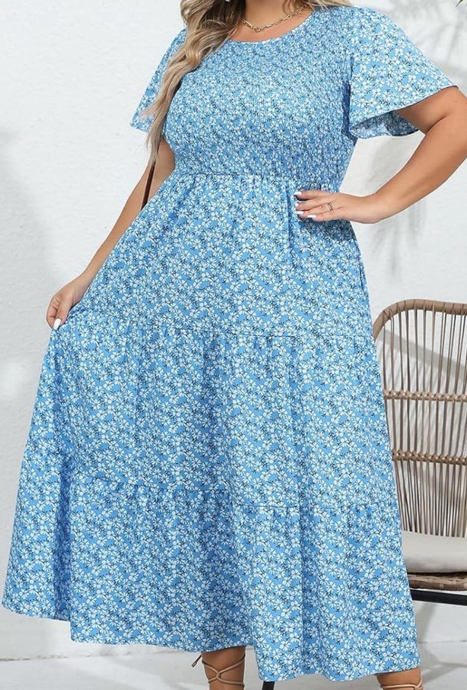 Baby Blue Floral Smocked Midi Dress, Plus Size 1X