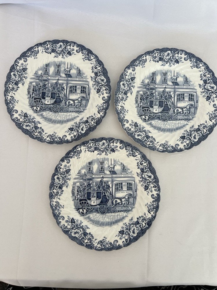 3 Johnson Bros Coaching Scenes Hunting  Blue Ironstone Salad Plates