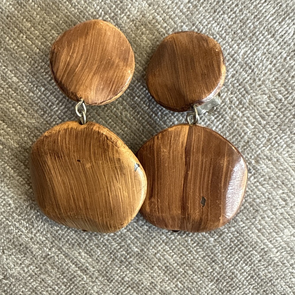 VTG Lucite Faux Wood Retro Round Dangle Drop Statement Clip On Earrings Boho