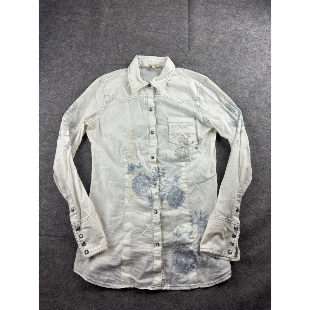 Stetson Womens S White Floral Western Snap Shirt Cotton Cowboy Rodeo Embroidered