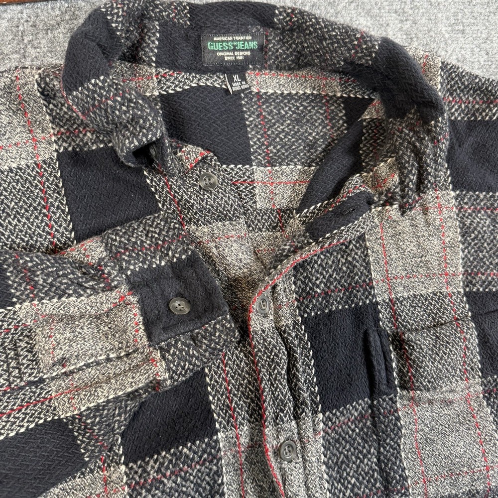 Vintage Guess Jeans Flannel Shirt XL Heavyweight Black Grey Plaid 90s HK