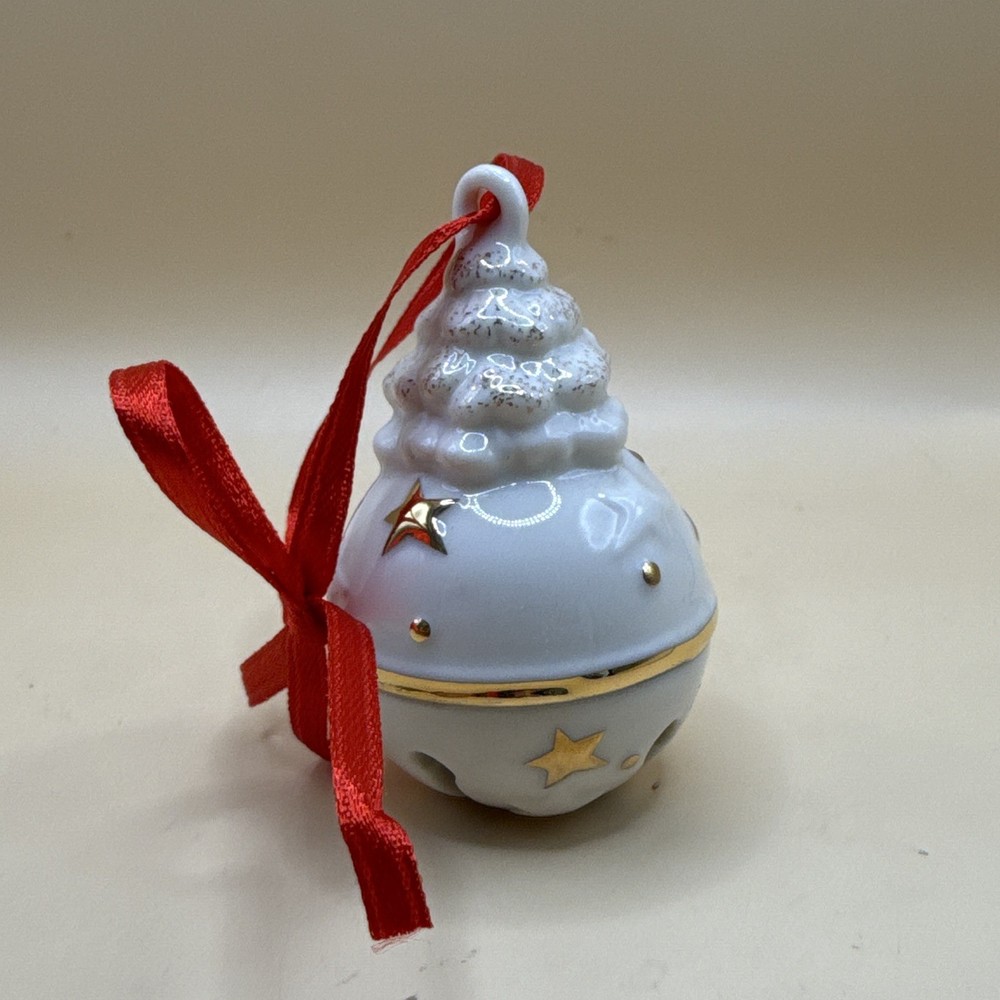 Lenox Just Jingles Christmas Bell Ceramic Hanging Ornament White Gold Stars Red