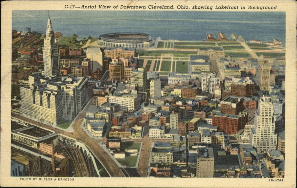 Cleveland Ohio city aerial Municipal Stadium Browns Indians 1950 linen postcard