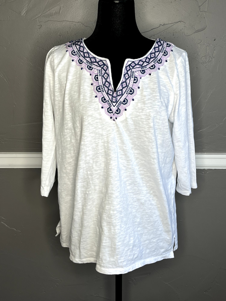 Talbots Women's Size L (Petite) White with Embroidery Boho Peasant Top