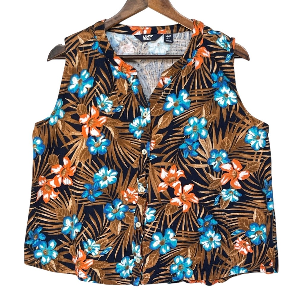 Lands End Womens Floral Tropical Button Up Sleeveless Blouse Tank Top Size PM
