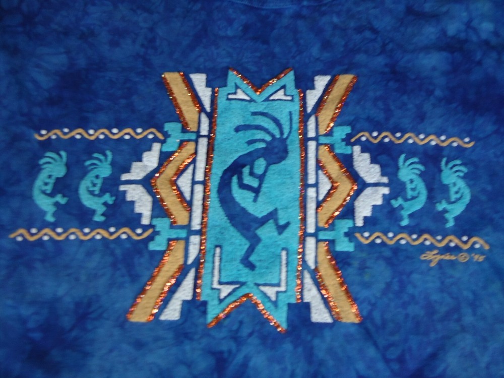 Lynee Apparel Womens XL VTG 90s Kokopelli Flute Native Blue Tie Dye Tee T-Shirt