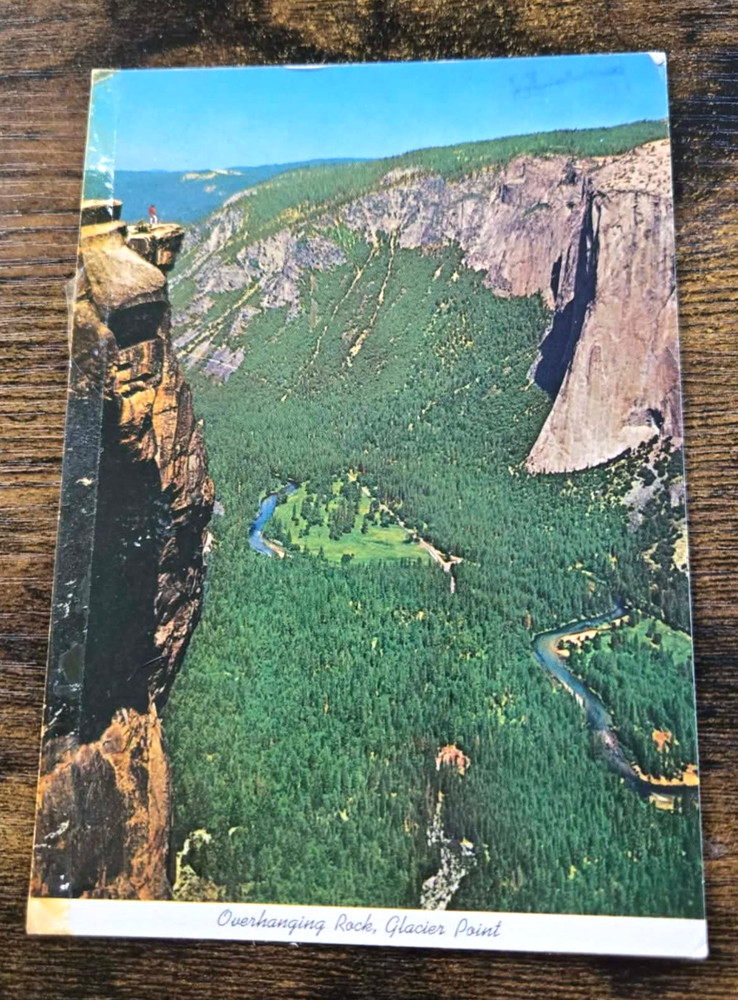 1980 Yosemite National Park Postcard Man on Overhanging Rock Glacier Point