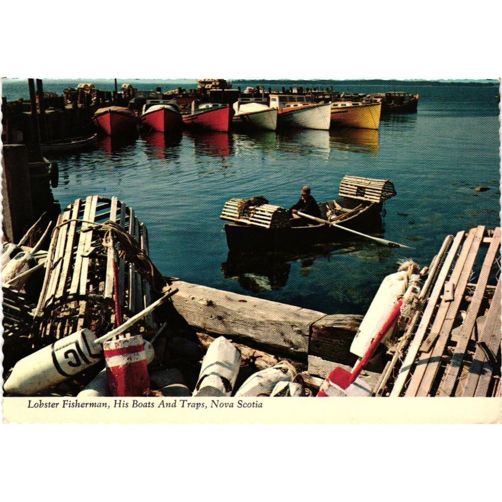 Vintage Nova Scotia Postcard Lobster Fisherman Boats Traps Mirro-Krome Unposted